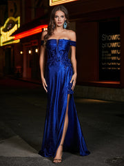 Robe de Soirée en Satin Sirène à Hors de l'Épaule avec Traîne Balayage Bleu Marine Clair Grande Taille