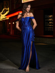Robe de Soirée en Satin Sirène à Hors de l'Épaule avec Traîne Balayage Bleu Marine Clair