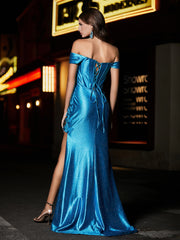 Robe de Soirée en Satin Sirène à Hors de l'Épaule avec Traîne Balayage  Bleu Océan Grande Taille