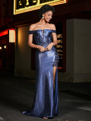 Robe de Soirée en Satin Sirène à Hors de l'Épaule avec Traîne Balayage Orageux