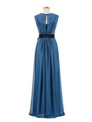 FAUX-Wrap Mousseline Robe avec Ceinture Noire Bleu Encre