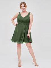 Col en V Mousseline Robe Courte pour Demoiselles d'honneur Olive Verte Grande Taille