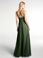 Robe Longue en Mousseline à Doubles Bretelles Croisées Dans le Dos Olive Verte Grande Taille