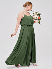 Spaghetti Bretelle Scoop Mousseline Robes Avec Fente Olive Verte Grande Taille