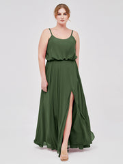 Spaghetti Bretelle Scoop Mousseline Robes Avec Fente Olive Verte Grande Taille