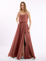 Spaghetti Bretelle Scoop Mousseline Robes Avec Fente terracotta