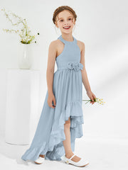 Robes de Demoiselle d'Honneur Junior Asymétriques à A-ligne avec Fleur Bleu Poudré