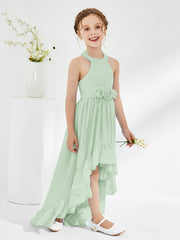 Robes de Demoiselle d'Honneur Junior Asymétriques à A-ligne avec Fleur Sauge Poudrée