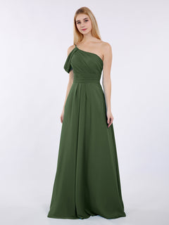 Robes Demoiselle d'honneur Longue Une Epaule Mousseline Olive Verte