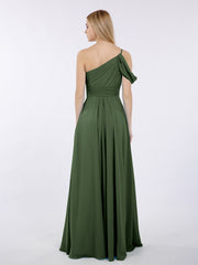 Robes Demoiselle d'honneur Longue Une Epaule Mousseline Olive Verte Grande Taille