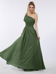Robes Demoiselle d'honneur Longue Une Epaule Mousseline Olive Verte Grande Taille