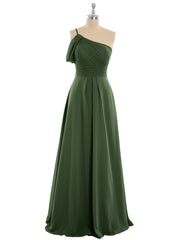 Robes Demoiselle d'honneur Longue Une Epaule Mousseline Olive Verte Grande Taille