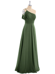 Robes Demoiselle d'honneur Longue Une Epaule Mousseline Olive Verte