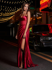 Robe de Soirée Fourreau en Satin avec Traîne Balayage Bordeaux