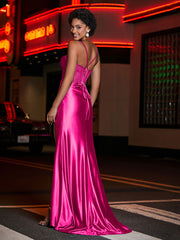 Robe de Soirée Fourreau en Satin avec Traîne Balayage Rose Vif Grande Taille