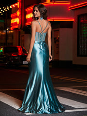 Robe de Soirée Fourreau en Satin avec Traîne Balayage Jade