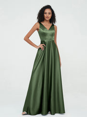 A-ligne Robes Maxi à Col en V en Satin avec Poches Olive Verte Grande Taille