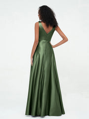 A-ligne Robes Maxi à Col en V en Satin avec Poches Olive Verte Grande Taille