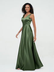 A-ligne Robes Maxi à Col en V en Satin avec Poches Olive Verte Grande Taille