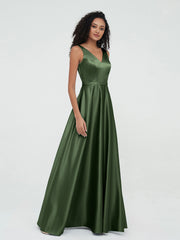 A-ligne Robes Maxi à Col en V en Satin avec Poches Olive Verte Grande Taille
