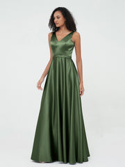 A-ligne Robes Maxi à Col en V en Satin avec Poches Olive Verte Grande Taille
