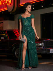 Robe de Soirée en Paillettes à Col en Cœur avec Fente Vert Foncé