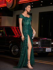 Robe de Soirée en Paillettes à Col en Cœur avec Fente Vert Foncé