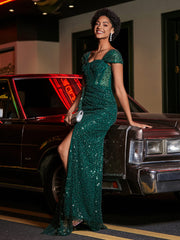 Robe de Soirée en Paillettes à Col en Cœur avec Fente Vert Foncé