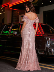 Robe de Soirée en Paillettes à Col en Cœur avec Fente Rose Poudré Grande Taille
