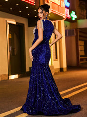 Robe Sirène à Paillettes et Strass Scintillants avec Col Illusion Bleu Royale