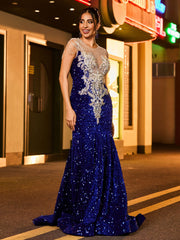 Robe Sirène à Paillettes et Strass Scintillants avec Col Illusion Bleu Royale