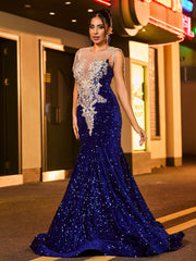 Robe Sirène à Paillettes et Strass Scintillants avec Col Illusion Bleu Royale