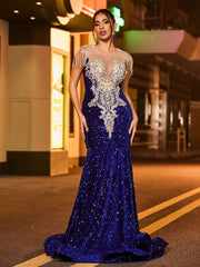 Robe Sirène à Paillettes et Strass Scintillants avec Col Illusion Bleu Royale