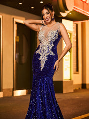 Robe Sirène à Paillettes et Strass Scintillants avec Col Illusion Bleu Royale