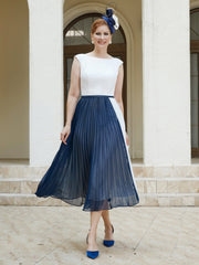 Robe de A-ligne Sans Manches en Mousseline Longueur de Mollet Bleu Marine Clair Grande Taille