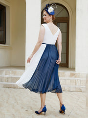 Robe de A-ligne Sans Manches en Mousseline Longueur de Mollet Bleu Marine Clair Grande Taille