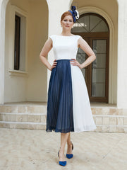 Robe de A-ligne Sans Manches en Mousseline Longueur de Mollet Bleu Marine Clair