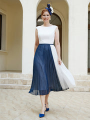 Robe de A-ligne Sans Manches en Mousseline Longueur de Mollet Bleu Marine Clair