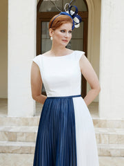 Robe de A-ligne Sans Manches en Mousseline Longueur de Mollet Bleu Marine Clair