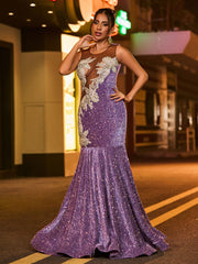 Robe Sirène à Paillettes et Diamants Scintillants avec Col Illusion Tahiti