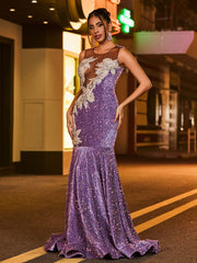 Robe Sirène à Paillettes et Diamants Scintillants avec Col Illusion Tahiti