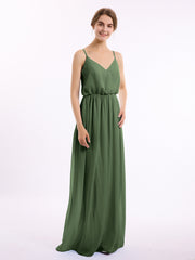 Col En V Spaghetti Bretelle Mousseline Robes De Demoiselle d'Honneur Olive Verte Grande Taille