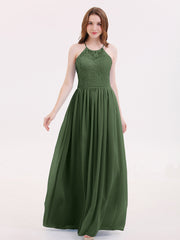 Maxi Robes Col d'Illusion Dentelle et Mousseline Olive Verte