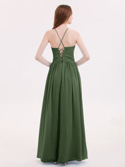 Maxi Robes Col d'Illusion Dentelle et Mousseline Olive Verte