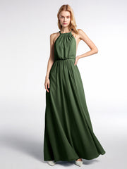 Robe Sexy Maxi Dos Bas en Mousseline à Col Licou Olive Verte