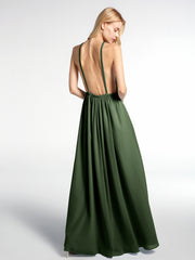 Robe Sexy Maxi Dos Bas en Mousseline à Col Licou Olive Verte Grande Taille