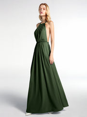 Robe Sexy Maxi Dos Bas en Mousseline à Col Licou Olive Verte Grande Taille