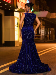 Robe Sirène en Maille Illusion avec Strass et Paillettes Bleu Royale
