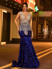 Robe Sirène en Maille Illusion avec Strass et Paillettes Bleu Royale