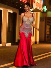 Robe Sirène en Satin à Bretelles Spaghetti avec Strass Bleu Marine